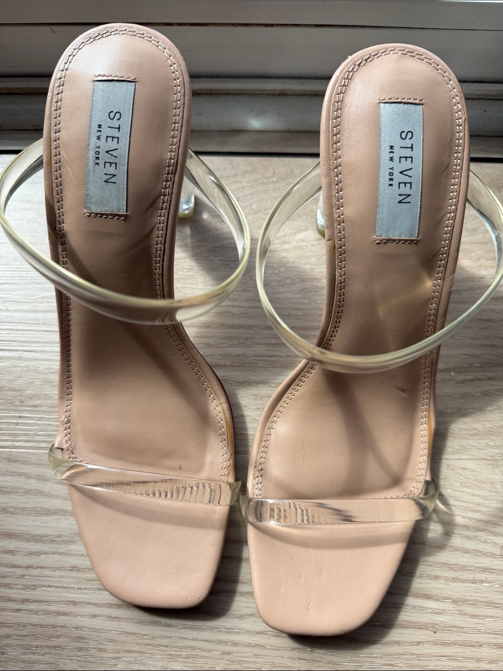 Steve Madden Nude Clear-Strap Square Toe Heels